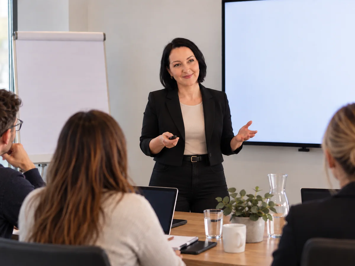 Firemné jazykové školenie — prezentácia pred tímom v konferenčnej miestnosti