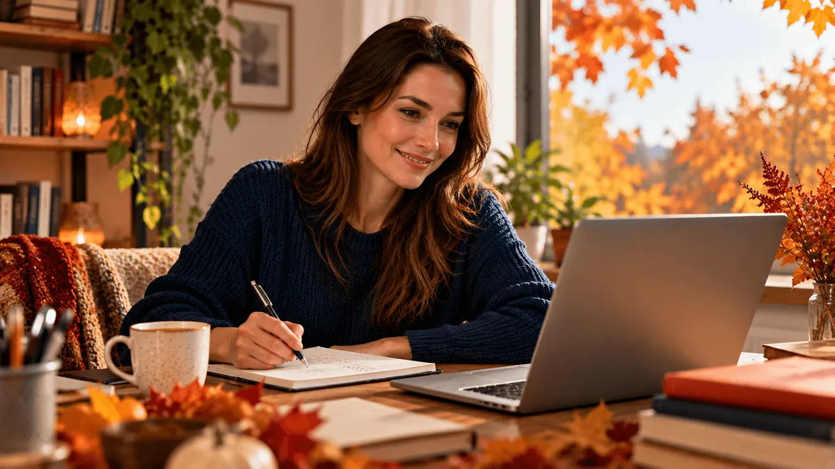Študentka sa učí online pri notebooku v jesennom prostredí